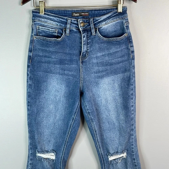 ROYALTY FOR ME Vintage Stretch High Rise Jeans Blue Mid Wash Distress Baddie 12 - Picture 3 of 11